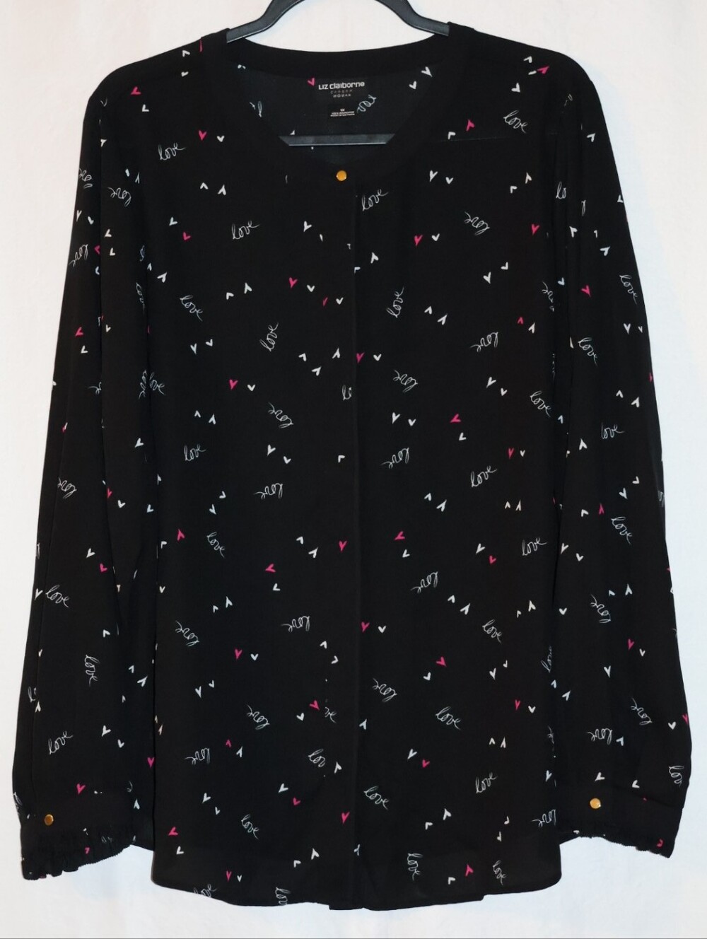 Liz Claiborne Career Woman Black Button-Front Blouse with Pink & White Accents.